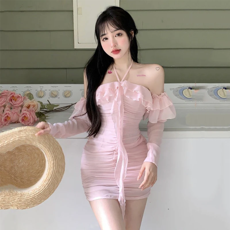 

Dresses for Women 2023 Spring Summer New Ruffle Edge Long Sleeves Cover Pink Bandage Dress Women's Sweet Sexy Party Mini Skirt