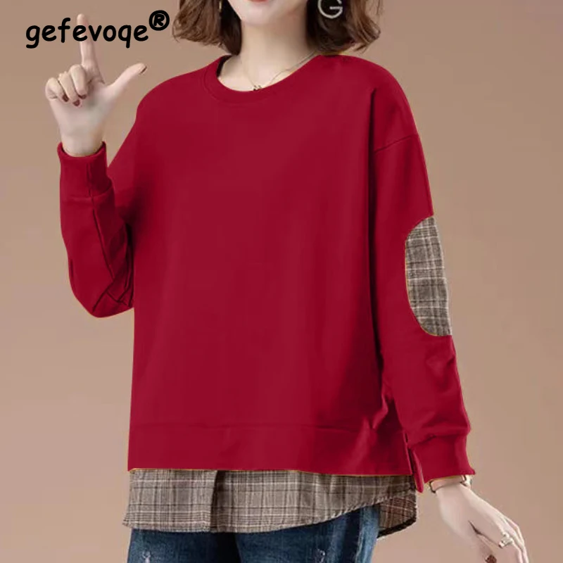 

Autumn New Fashion Fake Two Pieces Spliced Loose Plaid Blouse Women's Clothing Oversized Casual Pullover Commute All-match Shirt