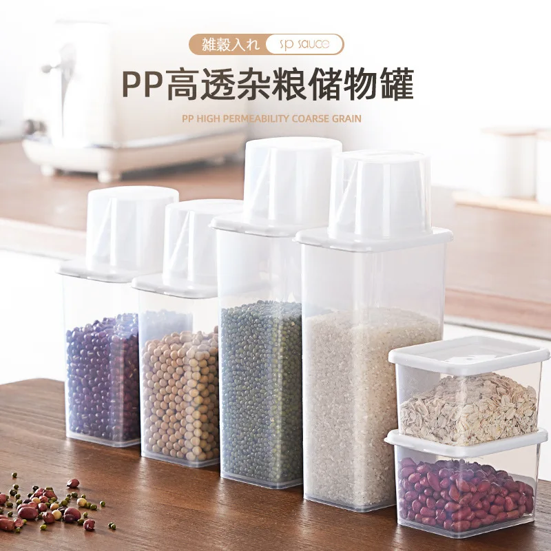 

PP Kitchen Sealed Cans Food Storage Box Plastic Clear Container Set with Pour Lids Storage Bottles Jars Dried Grains Tank