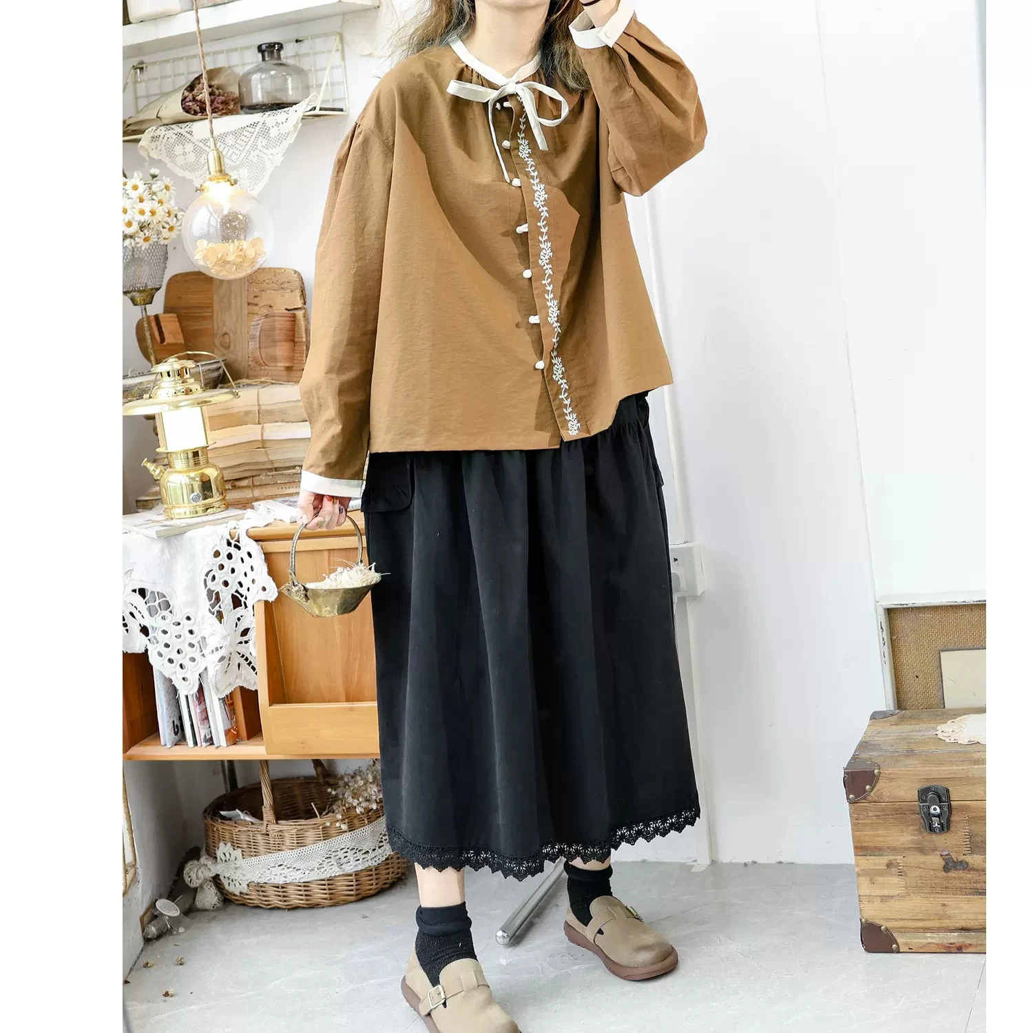 Женская универсальная Свободная рубашка/блузка из хлопка с вышивкой в японском