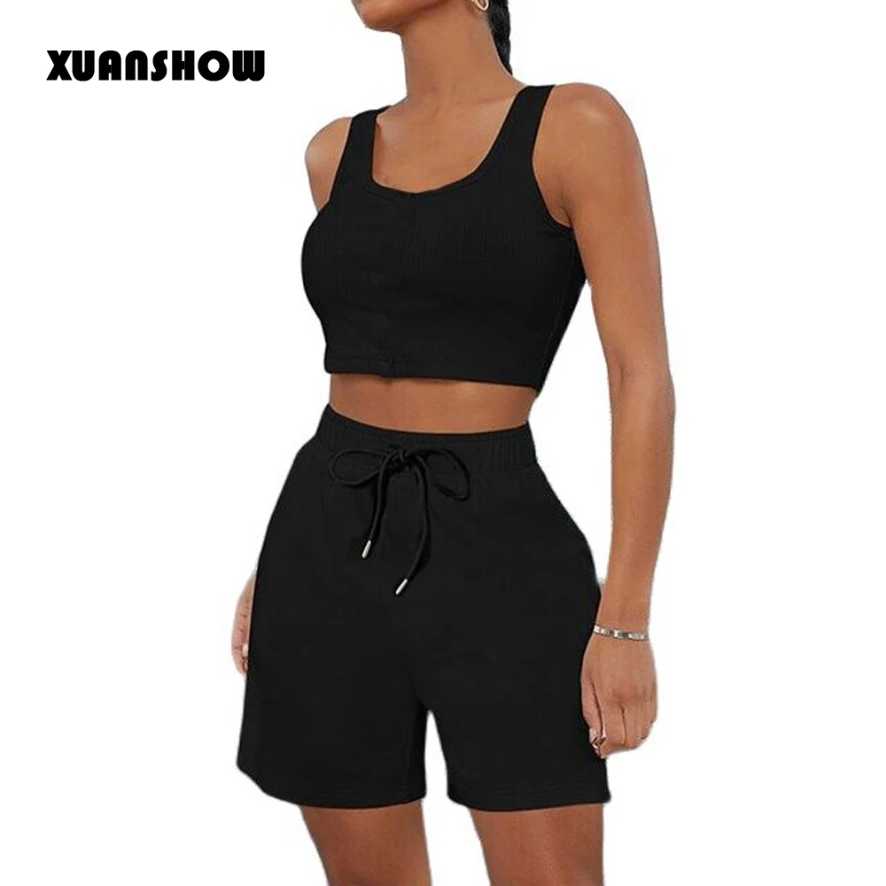 

XUANSHOW Summer Solid Stripe Women Two-piece Outifts Scoop Neck Sleeveless Croped Tight Tank Tops and Loose Track Shorts Set