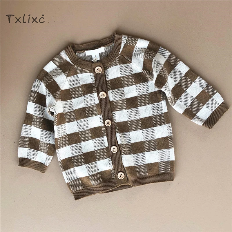 

Txlixc 1-6 Y Toddler Girls Sweaters Plaid Knitted Cardigan Single-breasted Long Sleeve Tops Kids Fashion Autumn Winter Outwear