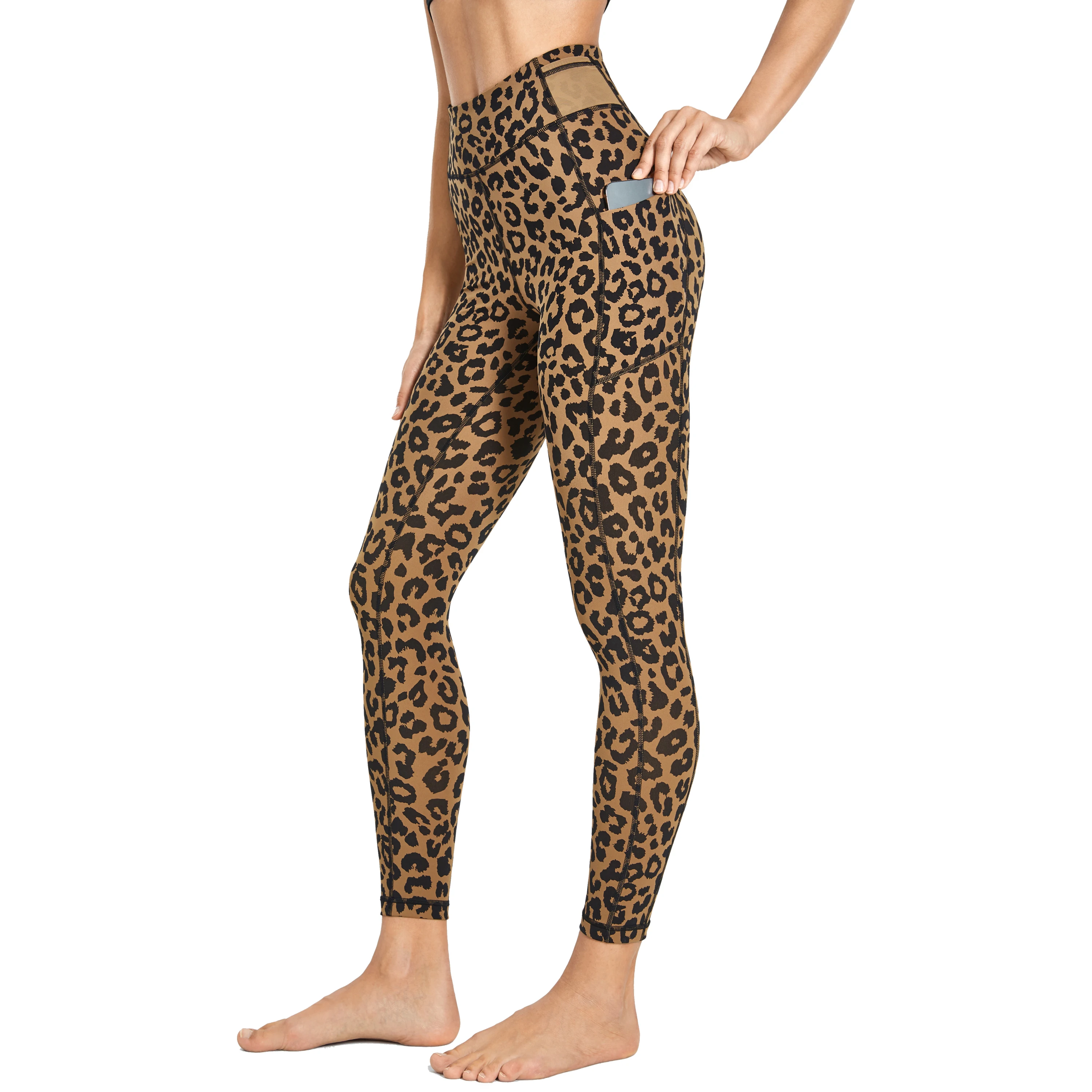 Yoga Leggings Workout High Waisted Women Leopard Printed Yoga Pants 25 Inches Pants Elastic Soft Trousers With Pockets