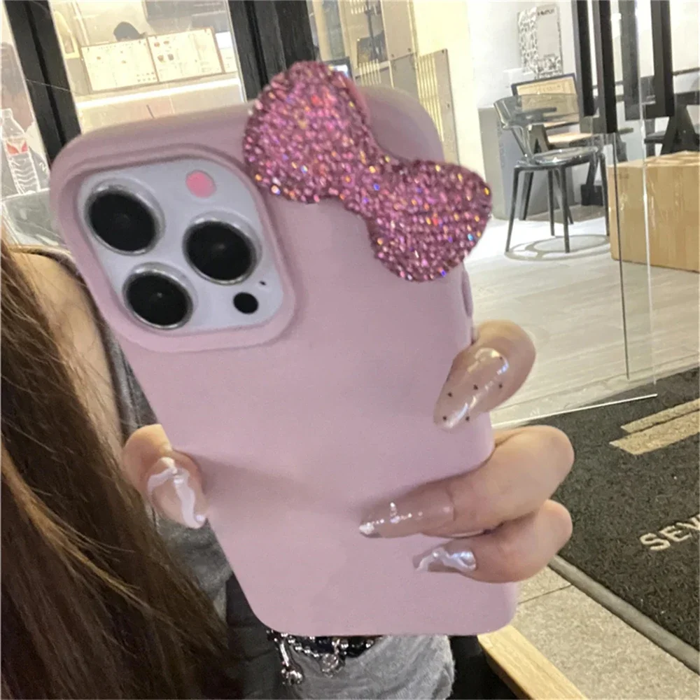 Фото Роскошный блестящий чехол для телефона с 3D стразами и бантом для iPhone 16, 15, 14, 13, 12, 11 Pro Max 14 Plus X XS XR 7, 8 SE2, мягкий чехол с милой девушкой №1