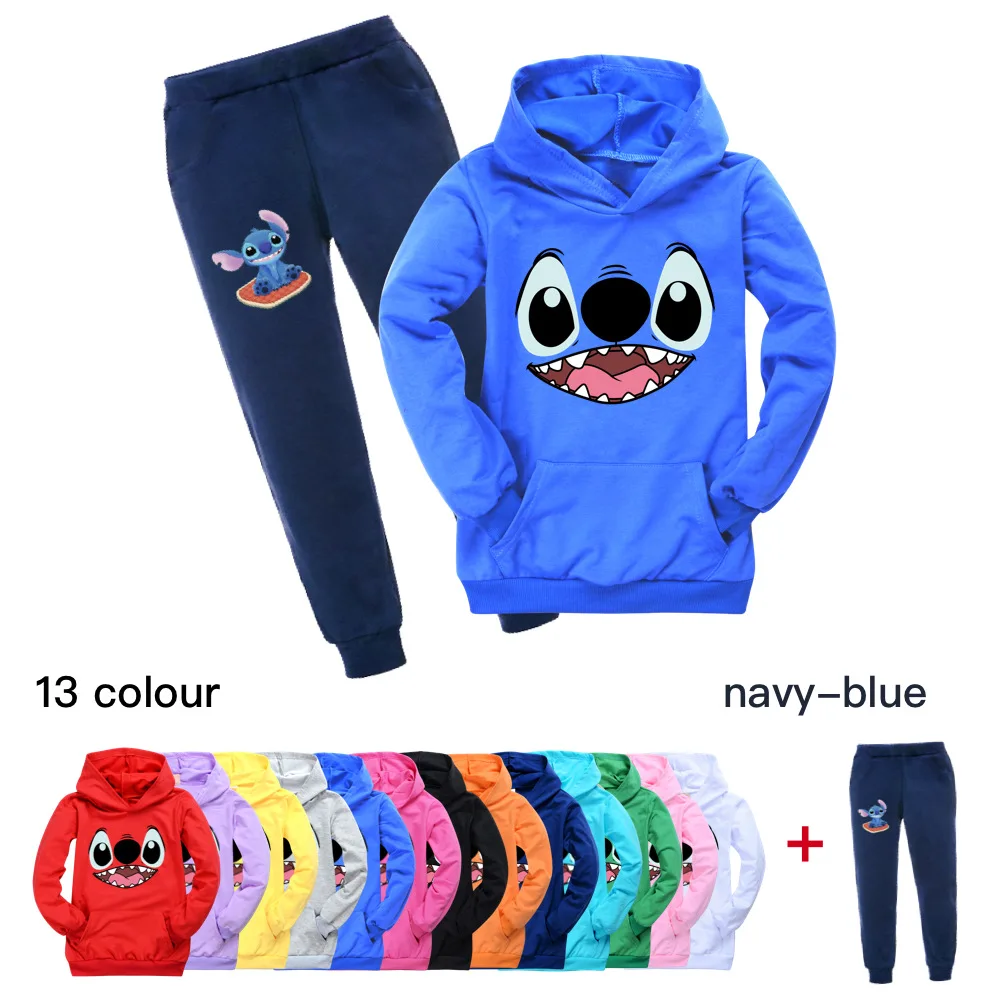 

2022 Stitch New Cartoon Cartoon Cute and Comfortable Hoodie + Trousers Jogging Suit Boys and Girls Children's Clothing 2-16Y