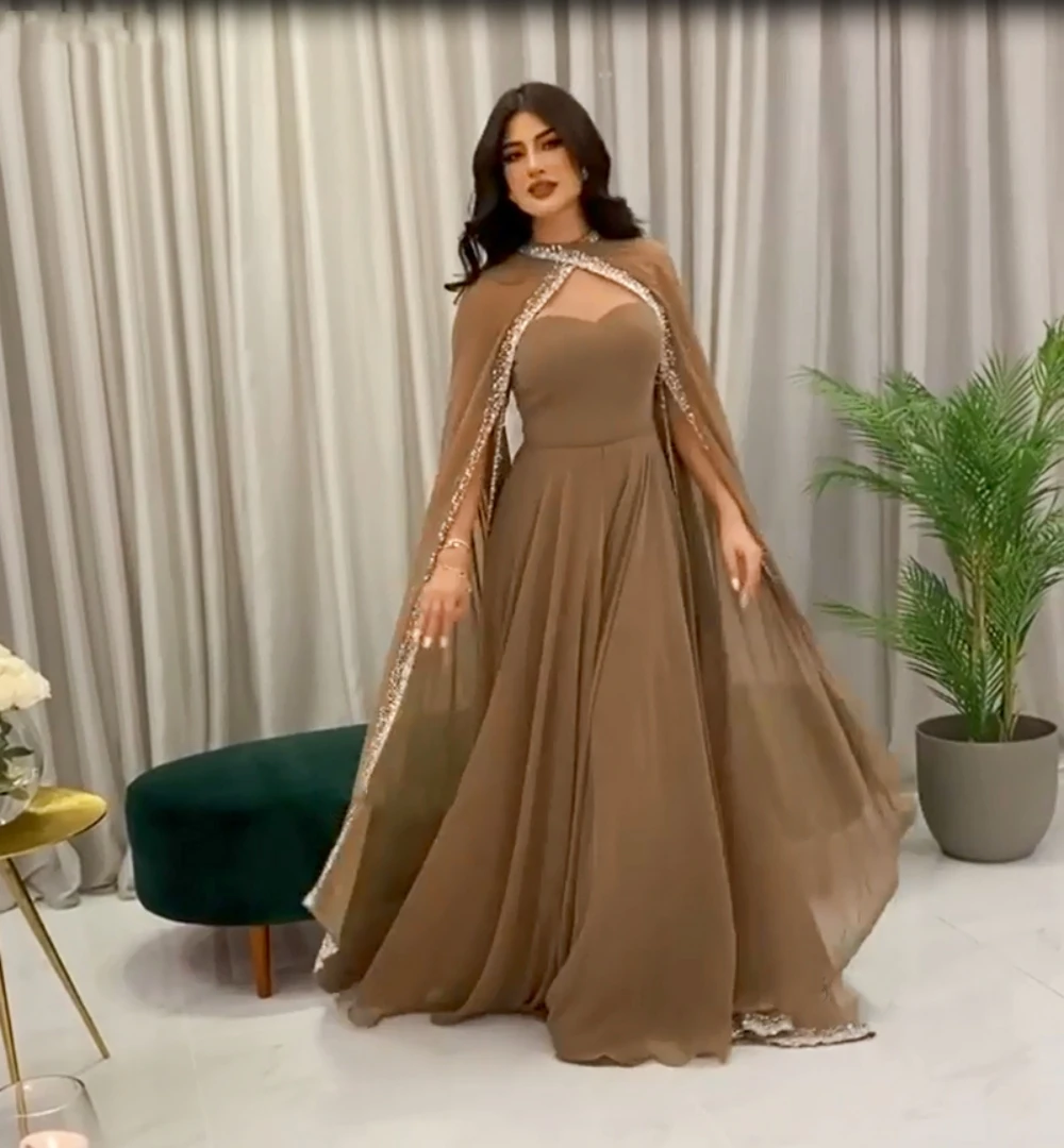 

Brown Chiffon Evening Dress Elegant Muslim Mother Bride Dresses Sweetheart Beading Robe Dubai Formal Prom Party Gown Vestido
