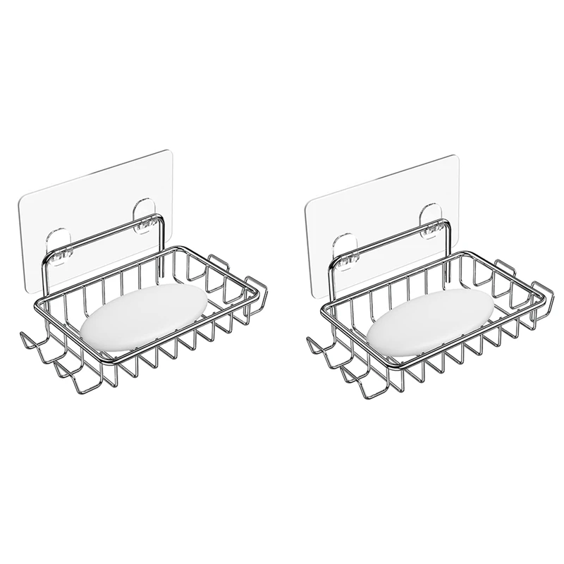 

Soap Holder For Shower Wall With 4 Hooks, Stainless Steel Adhesive Soap Dish For Bathroom, Silver