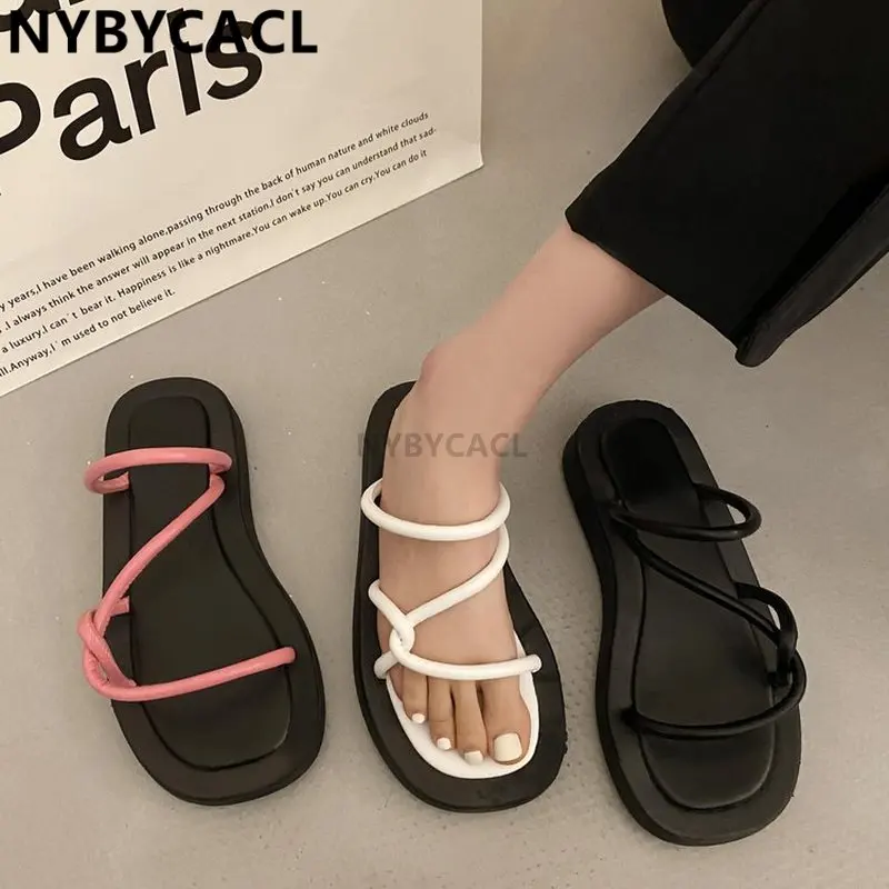 

2023 New Fashion Thick Bottom Flip Flops Cowhide Solid Color Beach Slippers Women Simple Casual Summer Sandals Shoes Female