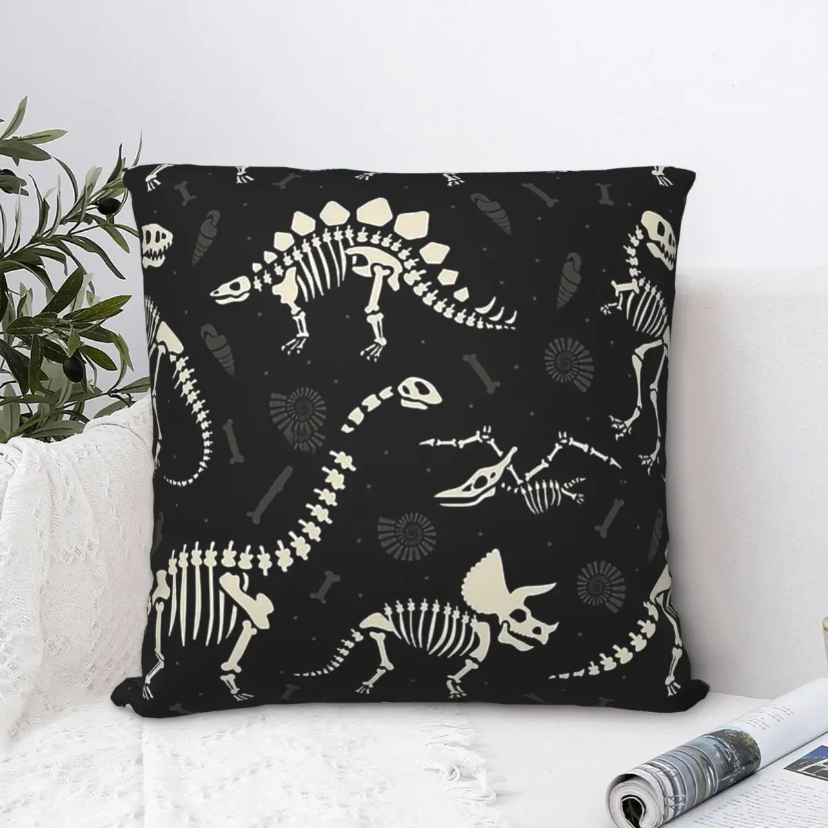 

Dinosaur Fossils In Black Throw Pillow Case Skeleton Backpack Cushions Covers DIY Printed Washable Chair Decor
