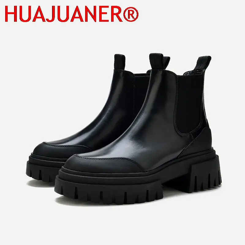 

2022 Autumn Classics Genuine Leather Ankle Boots Platform Women Round Toe Short Boot Shoes Handmade Chunky Heel Chelsea Boots