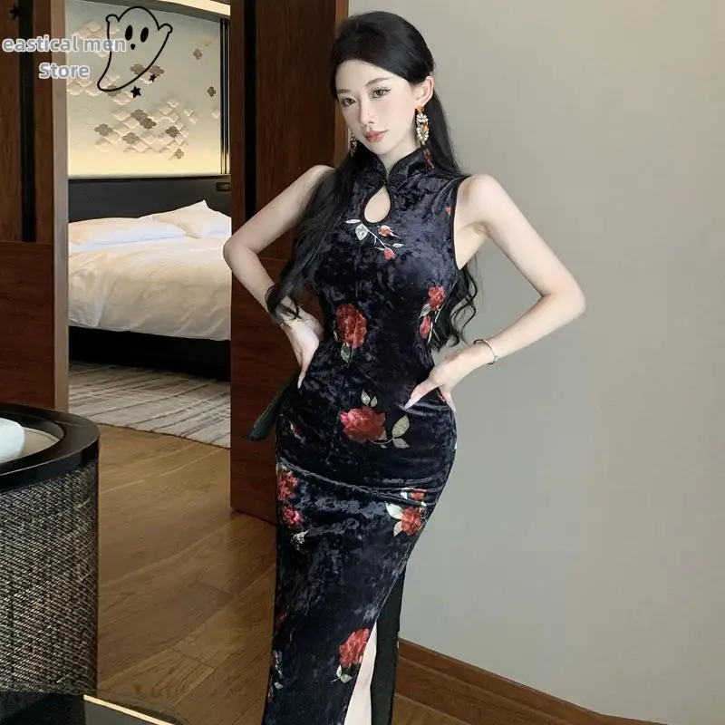 Женское велюровое платье Cheongsam с цветочным принтом