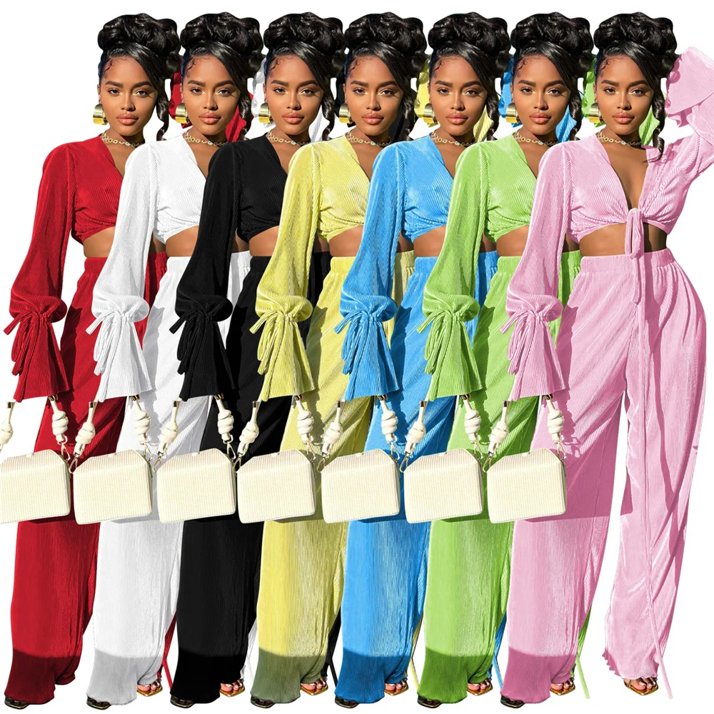 

Женский Повседневный костюм из двух предметов, плиссированный укороченный топ на шнуровке с V-образным вырезом и длинным рукавом и широкие брюки с высокой талией, уличная одежда