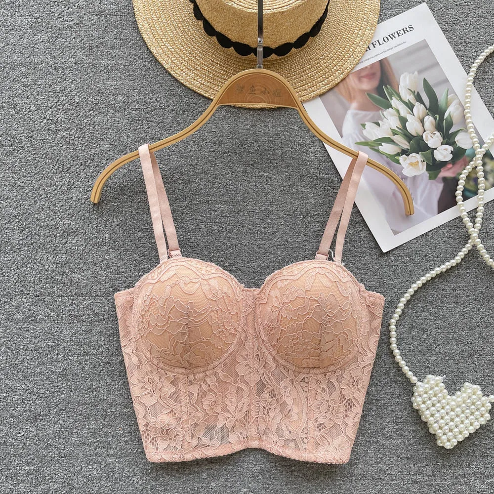 

Женский кружевной бюстгальтер с вышивкой, привлекательный сетчатый однотонный бюстгальтер с открытыми плечами и накладкой на груди в Коре...