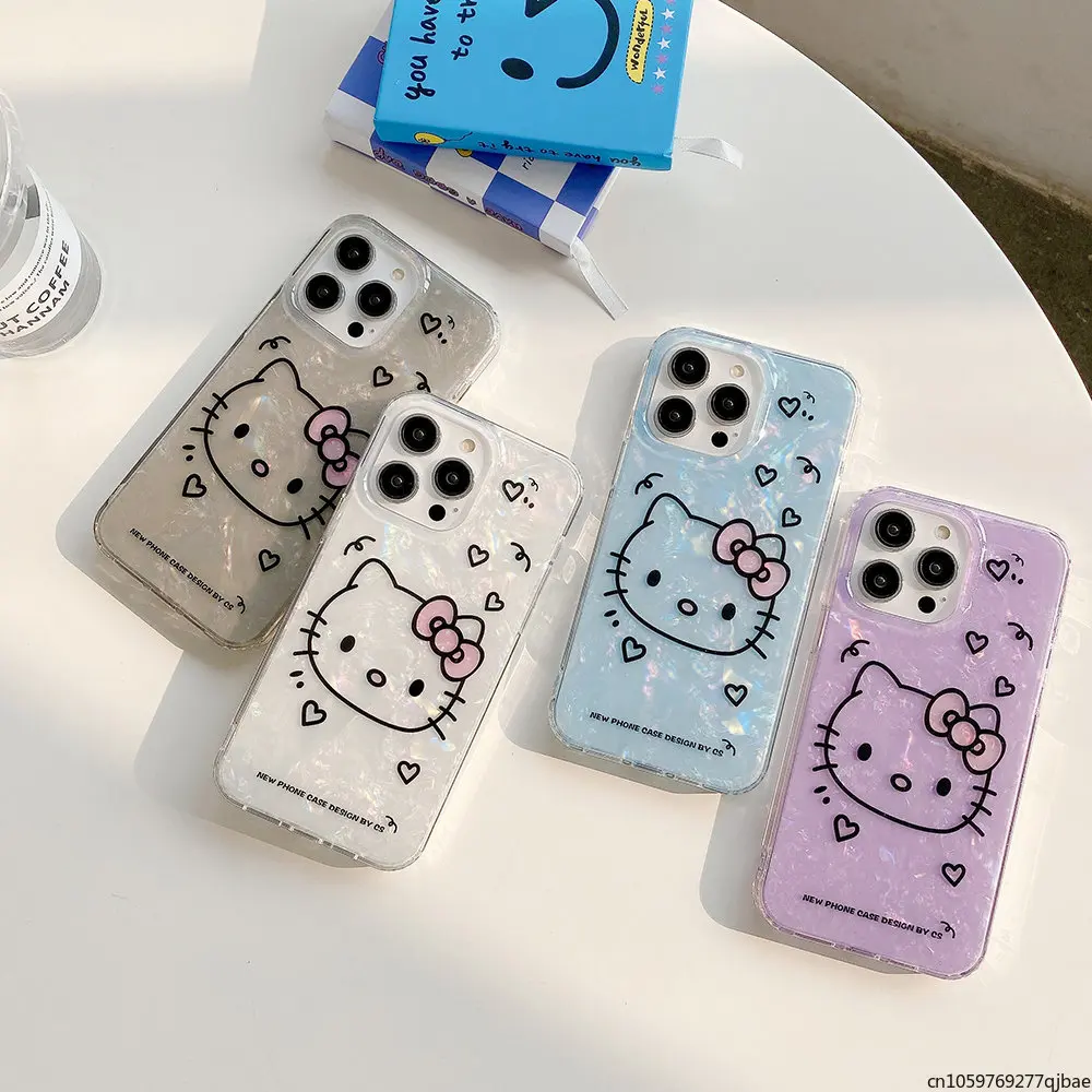 

Luxury Cartoon Sanrio Hello Kitty Shell Texture Phone Case for IPhone 14 13 12 11 Pro Max 14 Pro Anti-drop Soft Back Cover Gift