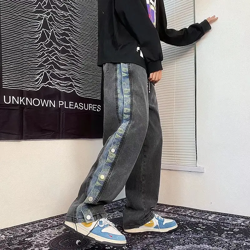 

QIWN Breasted Jeans Men's Jeans Spring and Autumn Loose Straight Pants Fashion Wide Leg Pants Autumn High Street Jeans