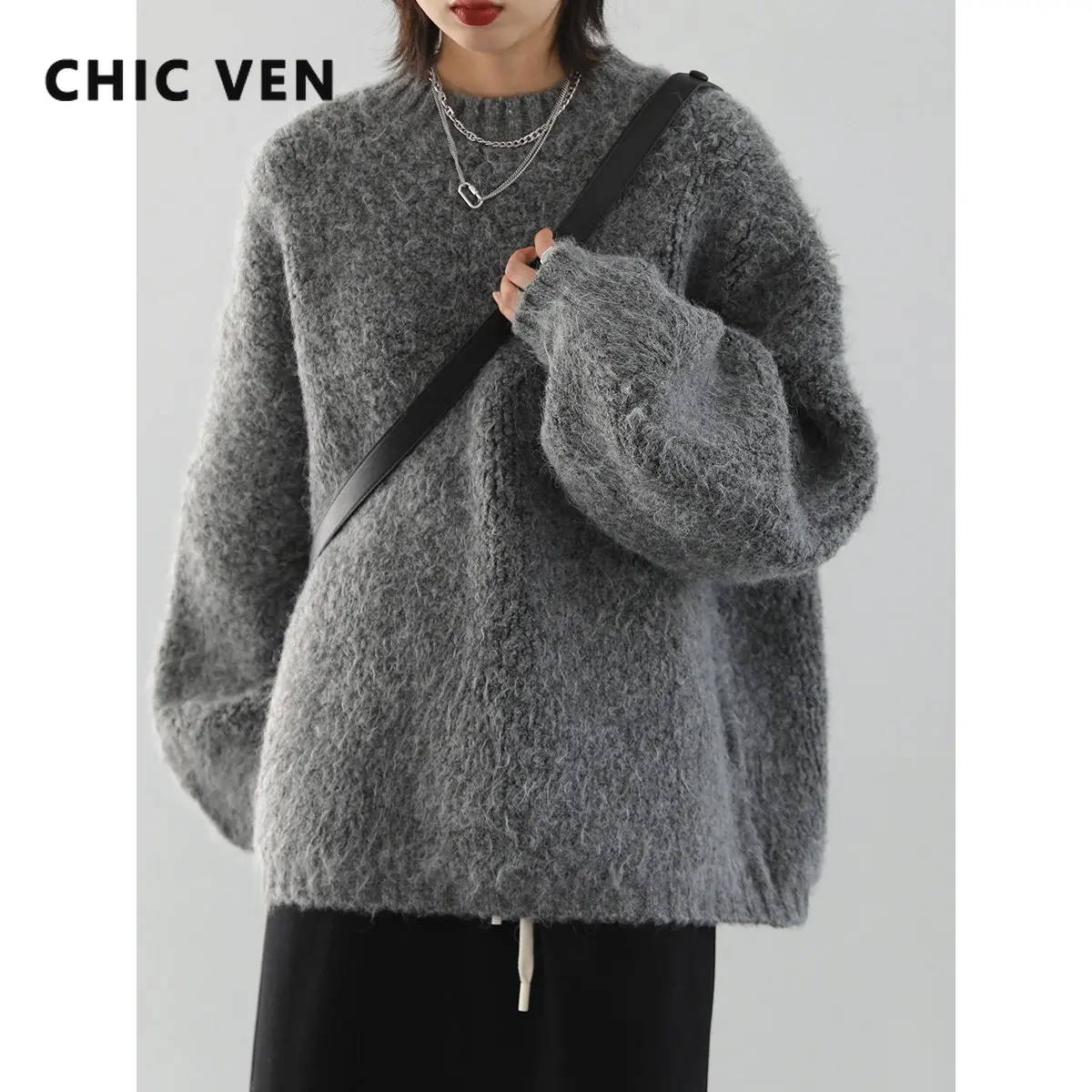 CHIC VEN Korean Women's Sweaters Solid Loose Round Neck Pullover Thickened Jumpers Female Tops Knitwears Autumn Winter 2022