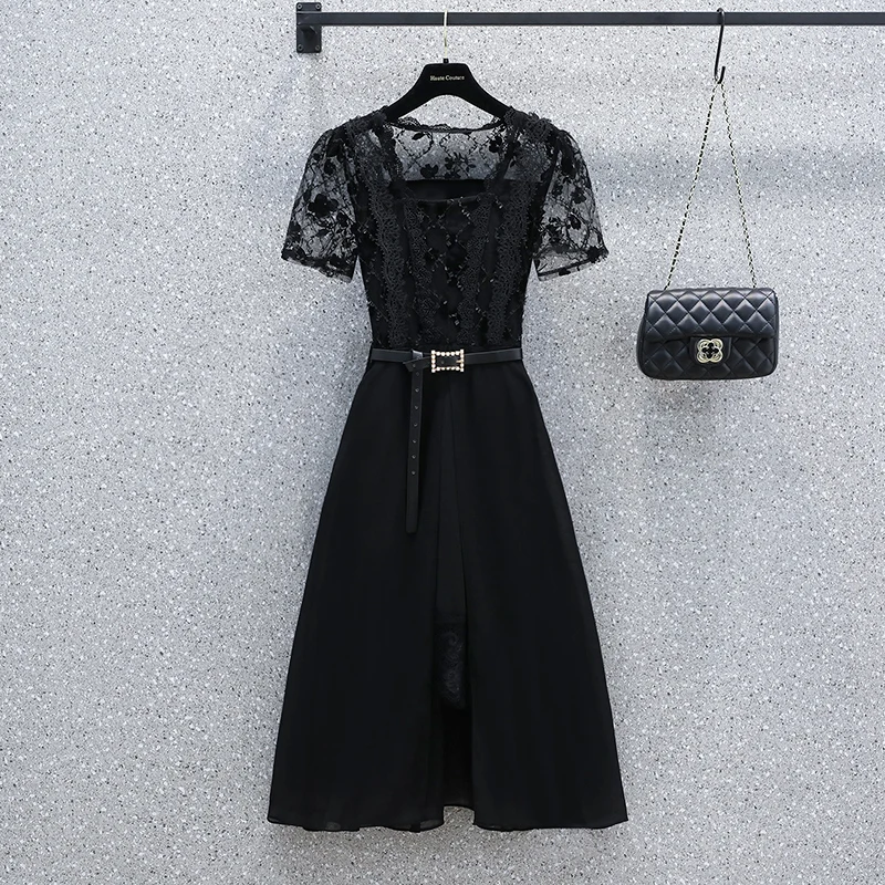 

4XL plus size women vintage black lace dresses vestido 2022 Summer short sleeve hollow out French Office dress sexy