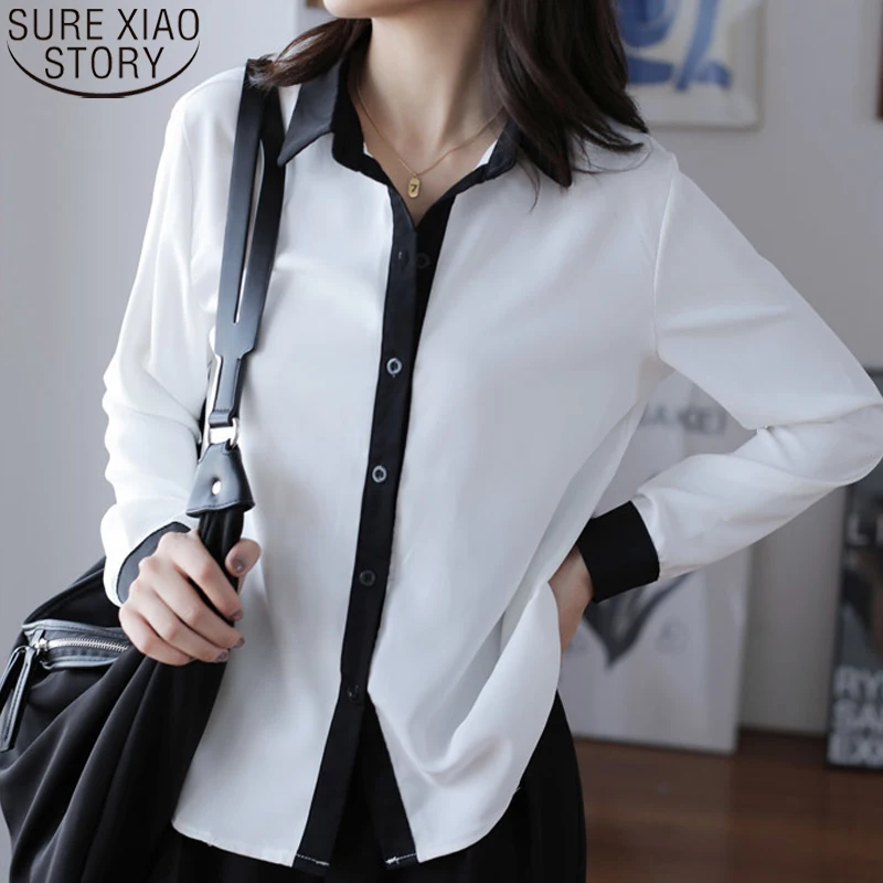 

Black and White Turn Down Collar Chiffon Shirt Office Lady Fashion Bottoming Shirt 2022 Autumn Long Sleeve Blouse Clothes 22729