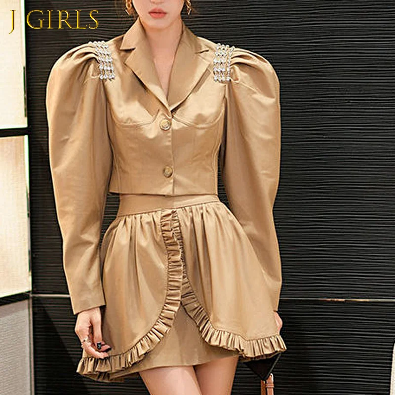 

J GIRLS Korean Spring Women Skirt Sets Puff Sleeve Turn-down Collar Short Coat + High Waist Ruffle A-line Mini Skirts 2022 New