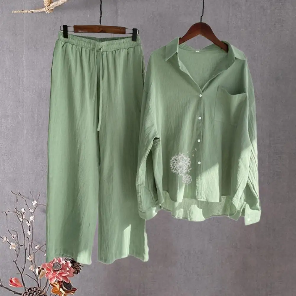 

Women Suit Women Shirt Pants Set Dandelion Print Shirt Pants Set Comfortable Stylish Spring/fall Outfit with Wide-leg Trousers