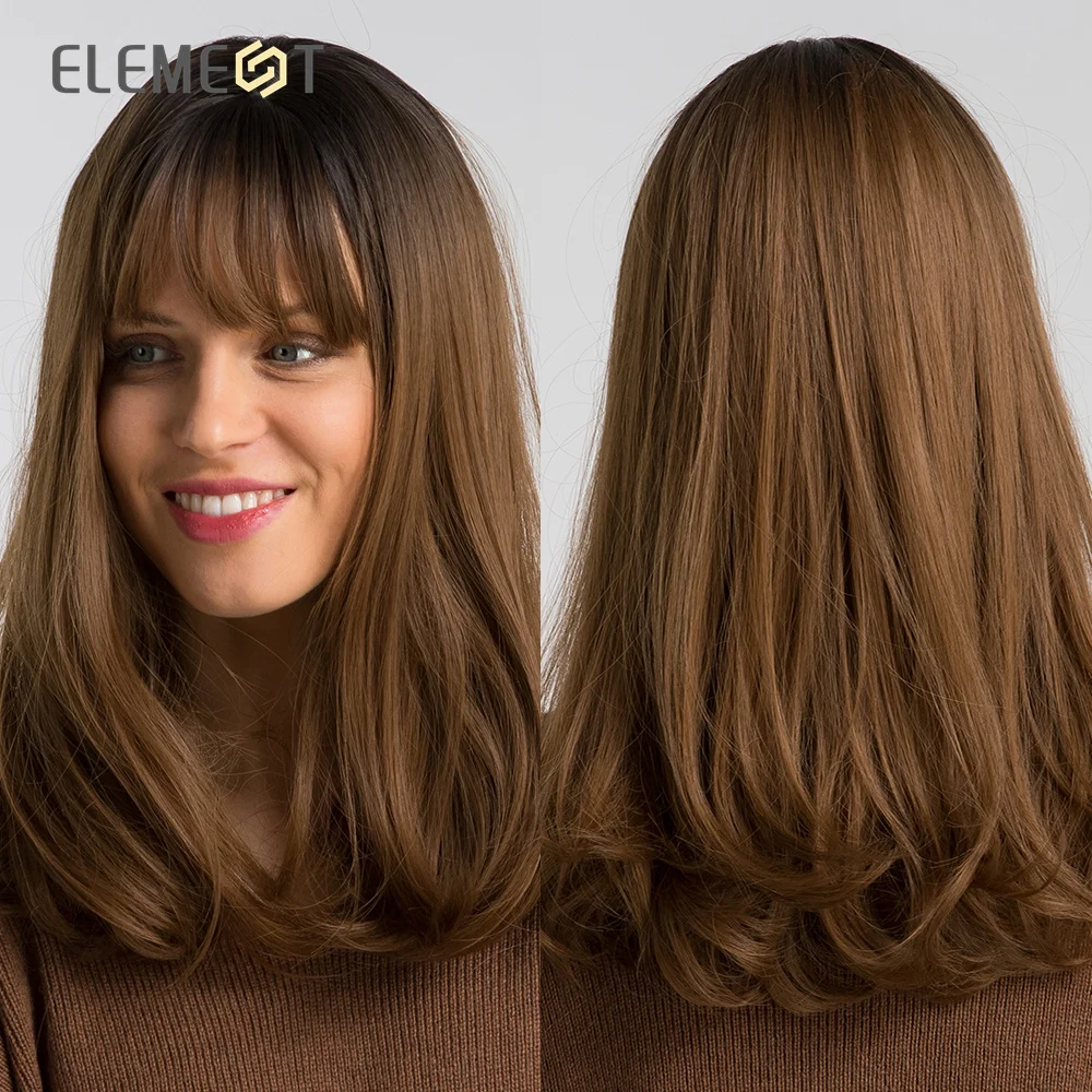 Element 16 Inch Synthetic Wig With Bangs Natural Headline Ombre Brown Color Fashion Cosplay Party Replacement Wigs for Women