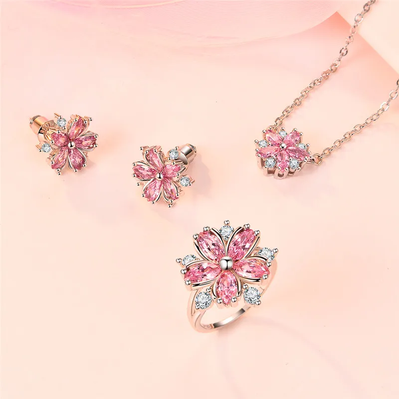 

Luxury Women Pink Crystal Flower Ring Earring Necklace Three Piece Jewelry Set Silver Necklace Cherry Blossom Zircon Earrings