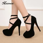 Туфли-лодочки женские на высоком каблуке, стильная модная из флока, с перекрестными ремешками, на высоком каблуке 14 см, платформе 4 см, пикантная модель для ночного клуба, приблизительно 35-46