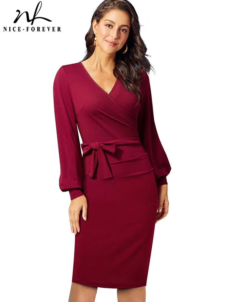 

Nice-forever Autumn Women Classic Solid Color with Sash Office Dresses Formal Business Vintage Bodycon Slim Dress B677