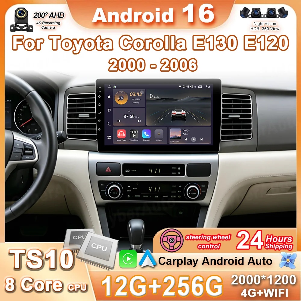 Фото Автомагнитола Android 16 с Carplay для Toyota Corolla E130 E120 2000-2006, GPS-система, Wi-Fi, DSP №3