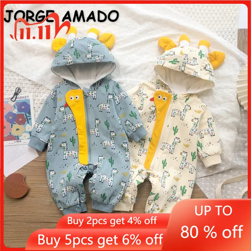 

Новый осенний комбинезон для маленьких девочек и мальчиков, комбинезон с длинным рукавом, синим, абрикосовым, мультяшным принтом жирафа, ко...