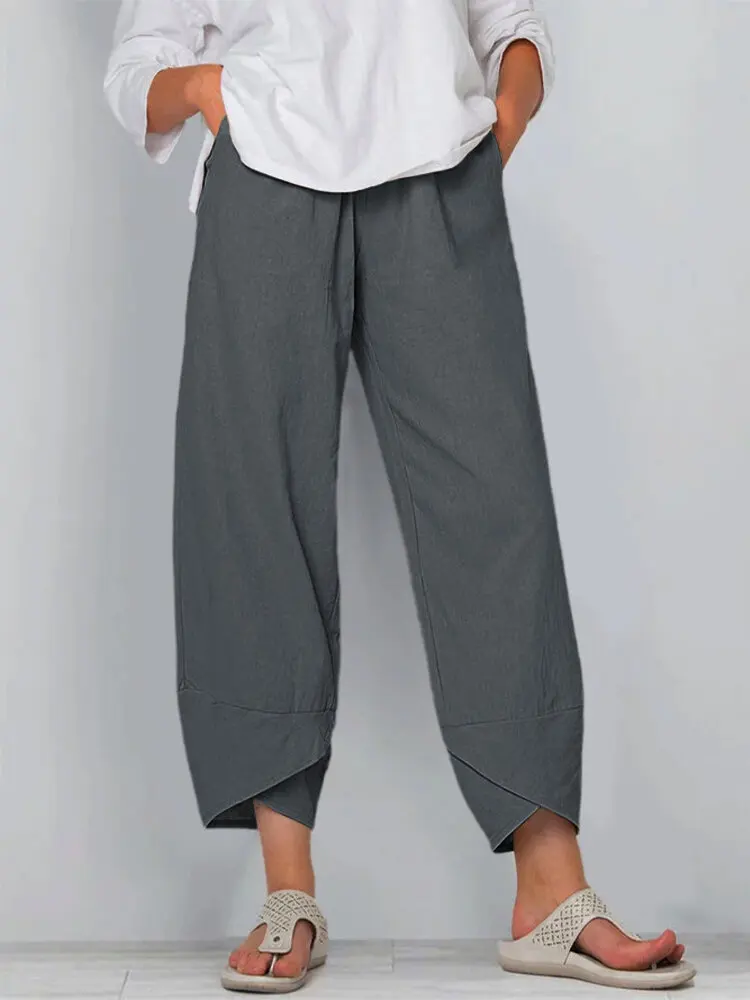 

Pants Womens Summer Vintage Plus Size Linen Solid Wide Leg Pants Beach Pants Elastic Waist Casual Pants Full Length