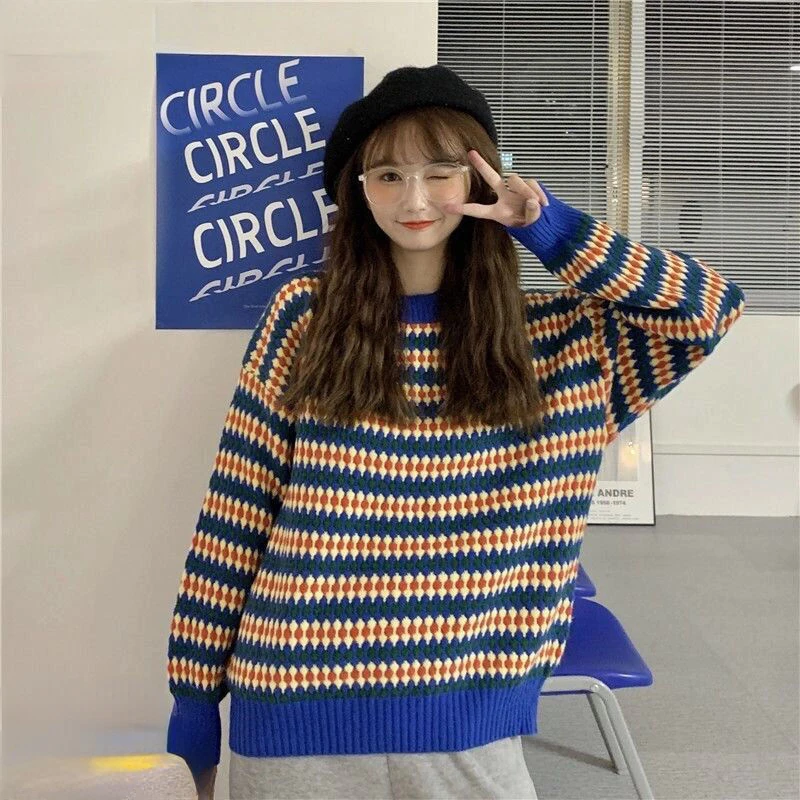 

2022 New Women Stripe Sweater Autumn Spring Loose Long Sleeve Pullover Tops Korean Ladies Knitted Patchwork Korean Sweaters N34