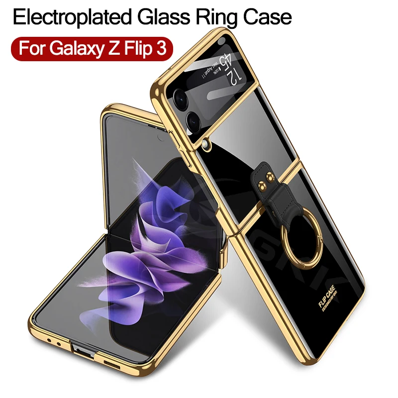 

GKK Tempered Glass Plating Case For Samsung Galaxy Z Flip 3 Case Back Screen Protector Ring Holder Hard Cover For Galaxy Z Flip3