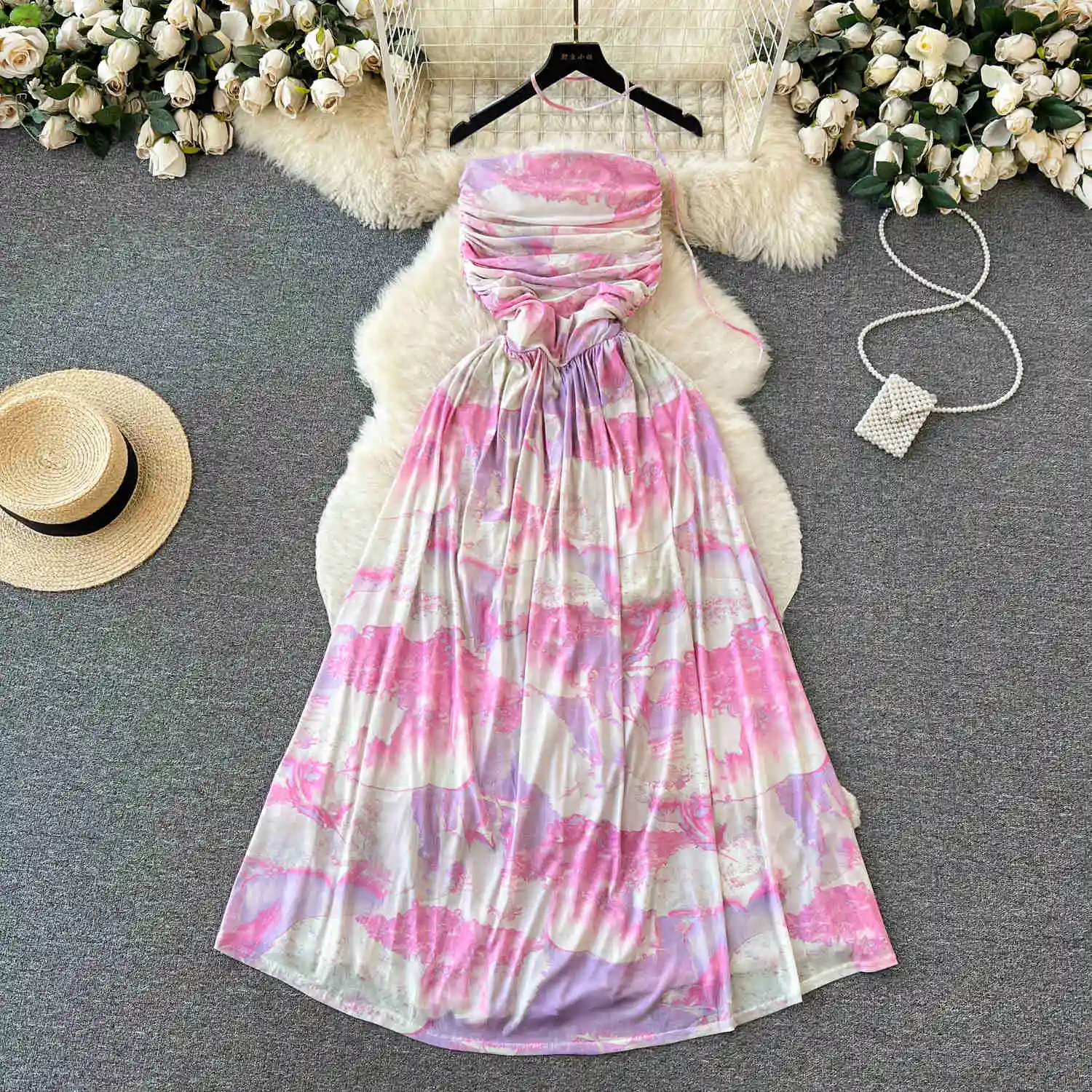 

Beach Style Tie Dyed Print Dress for Women Summer Sexy Strapless Sleeveless Slim High Waist A Line Pleated Long Holiday Dress