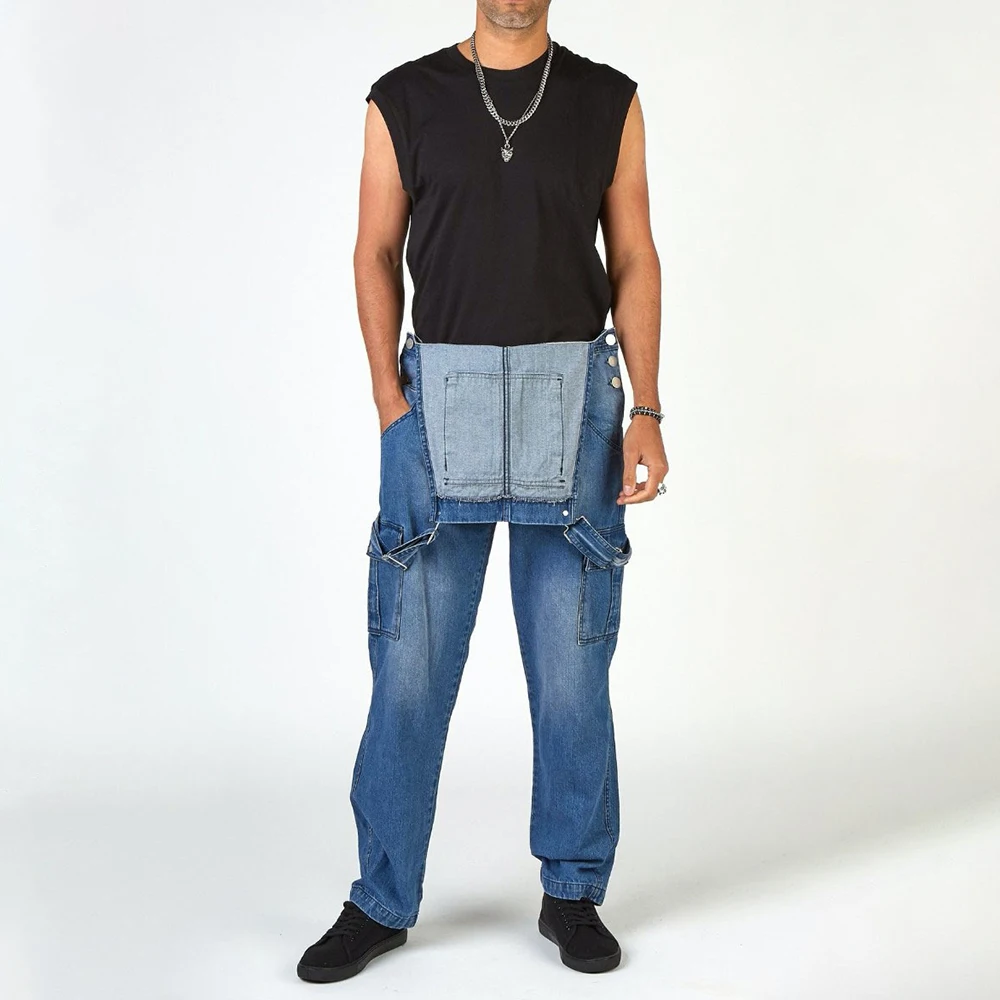 Men's Fashion Trend Blue Denim Jumpsuit 2023 Spring And Summer New Multi-Pocket Design Washed Straight-Leg Overalls Long Pants