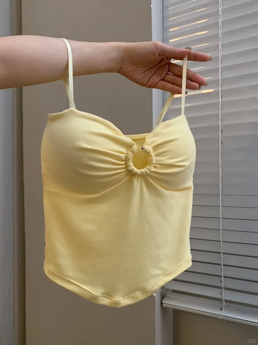 Foamlina женский летний модный желтый топ пикантный металлический круглый вырез без