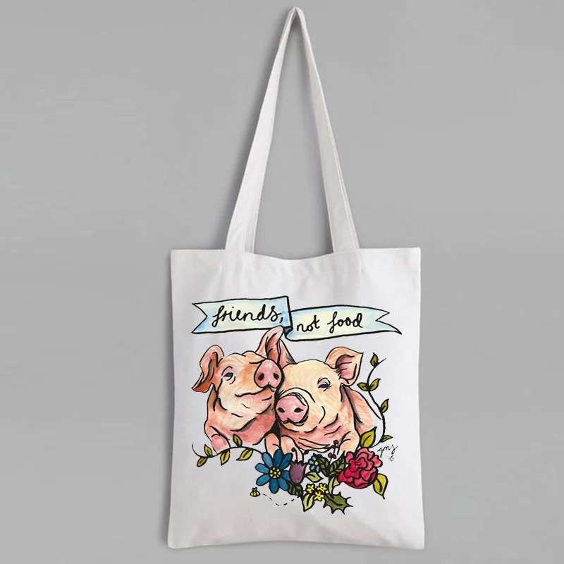 

Friends, Not Food Shopping Bag Reusable Pig Veggie Canvas Bag Fashion Vegan Tote Bags Eco Friendly Custom Shopping Bags