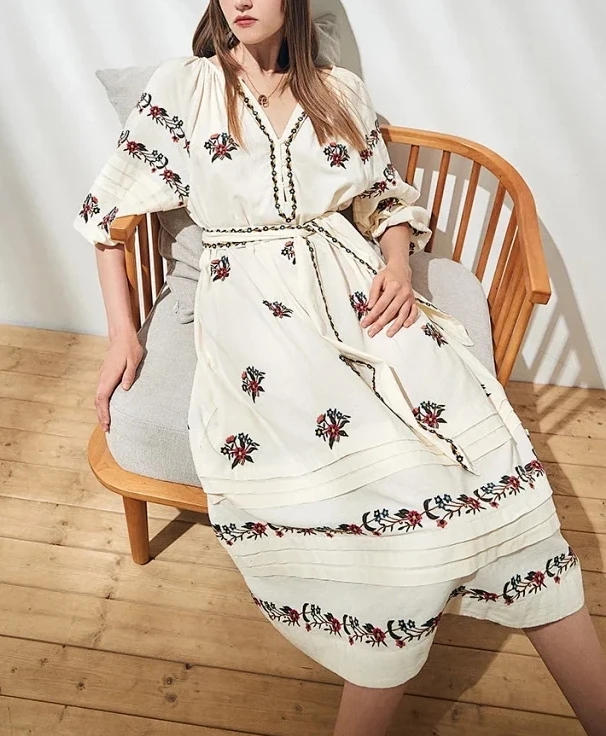 

127186 127185 127184 Luxury Designer Clothes Fashion Classic Trendy Bohemia Holiday Style Embroidery Long Waist Lacing Dress