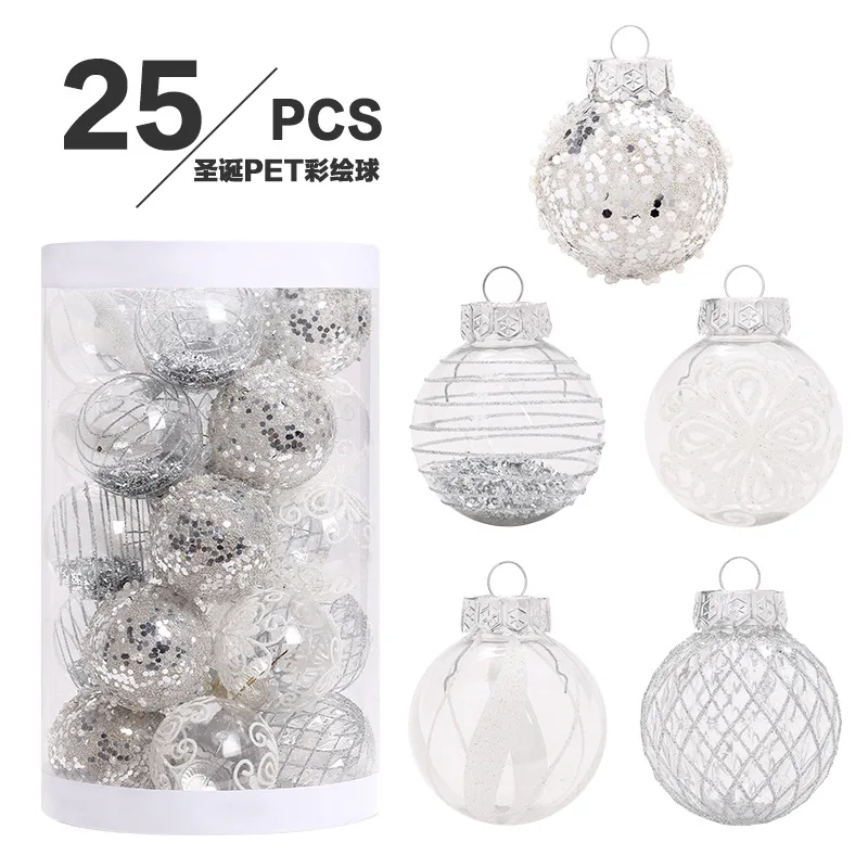 

Cross-border New Christmas Decorations Silver White Boutique PET Painted Christmas Ball Set Christmas Tree Decoration Ball