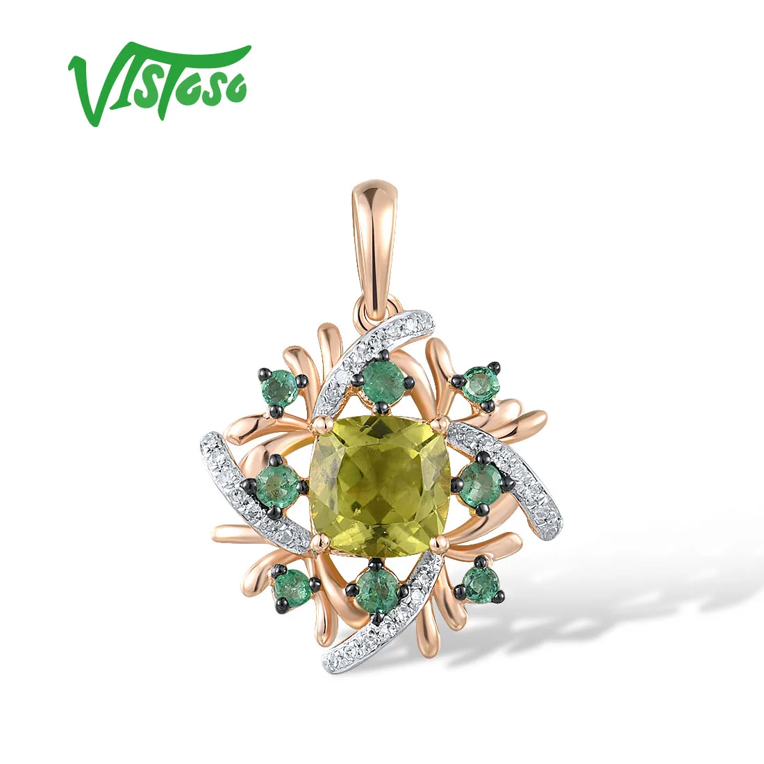 

VISTOSO Authentic 14K 585 Rose Gold Pendant For Women Sparkling Diamond Emerald Peridot Charming Fine Delicate Jewelry