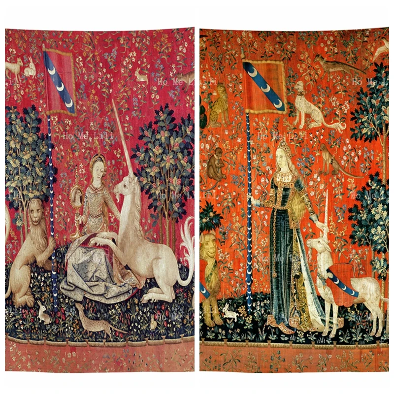 

Mille Fleurs Style The Lady And Unicorn Sense Of Touch Taste Smell Hearing Sight Antique Medieval Tapestry By Ho Me Lili