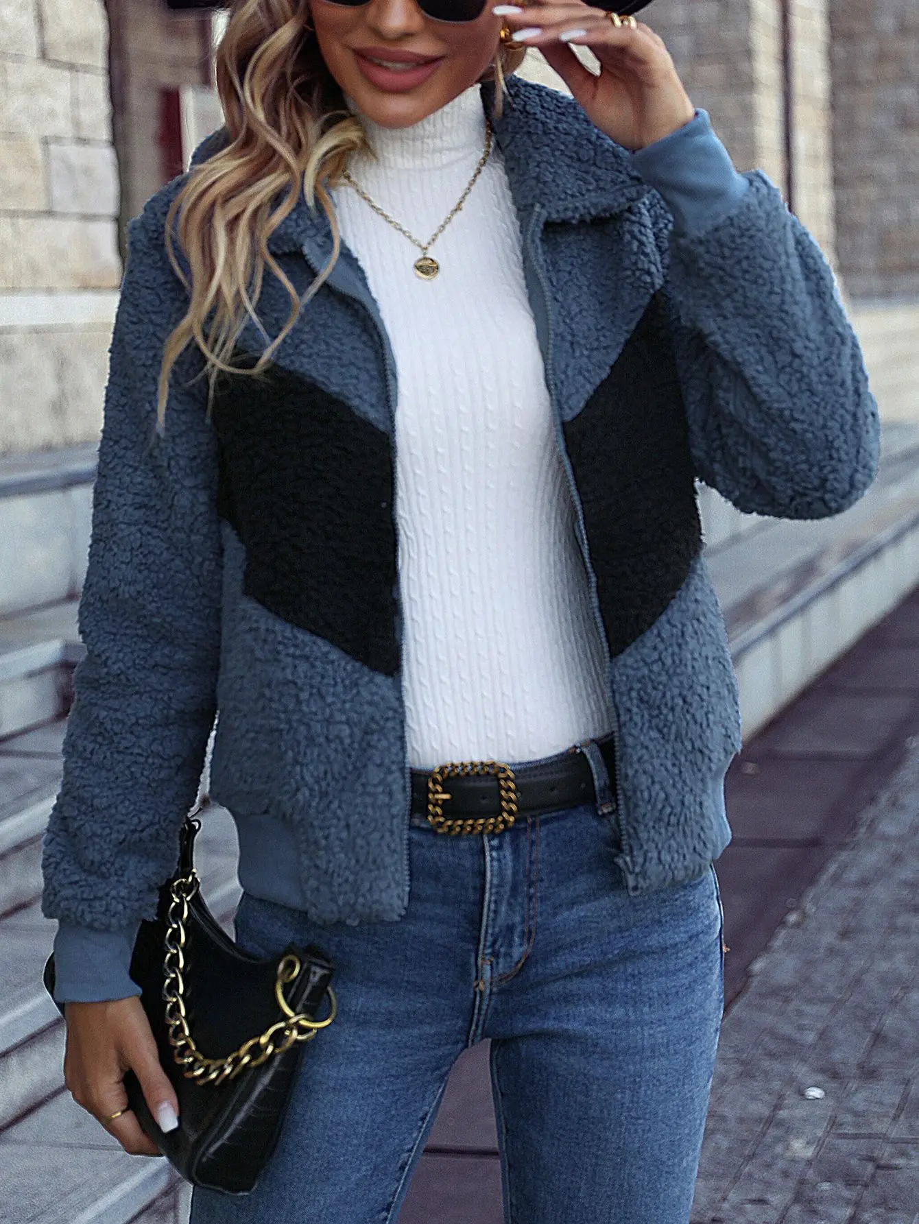 

Autumn/Winter Zipper Bubble Fleece Coat Women Polo Pocket Long Sleeve Casual Cardigan Coats for Women