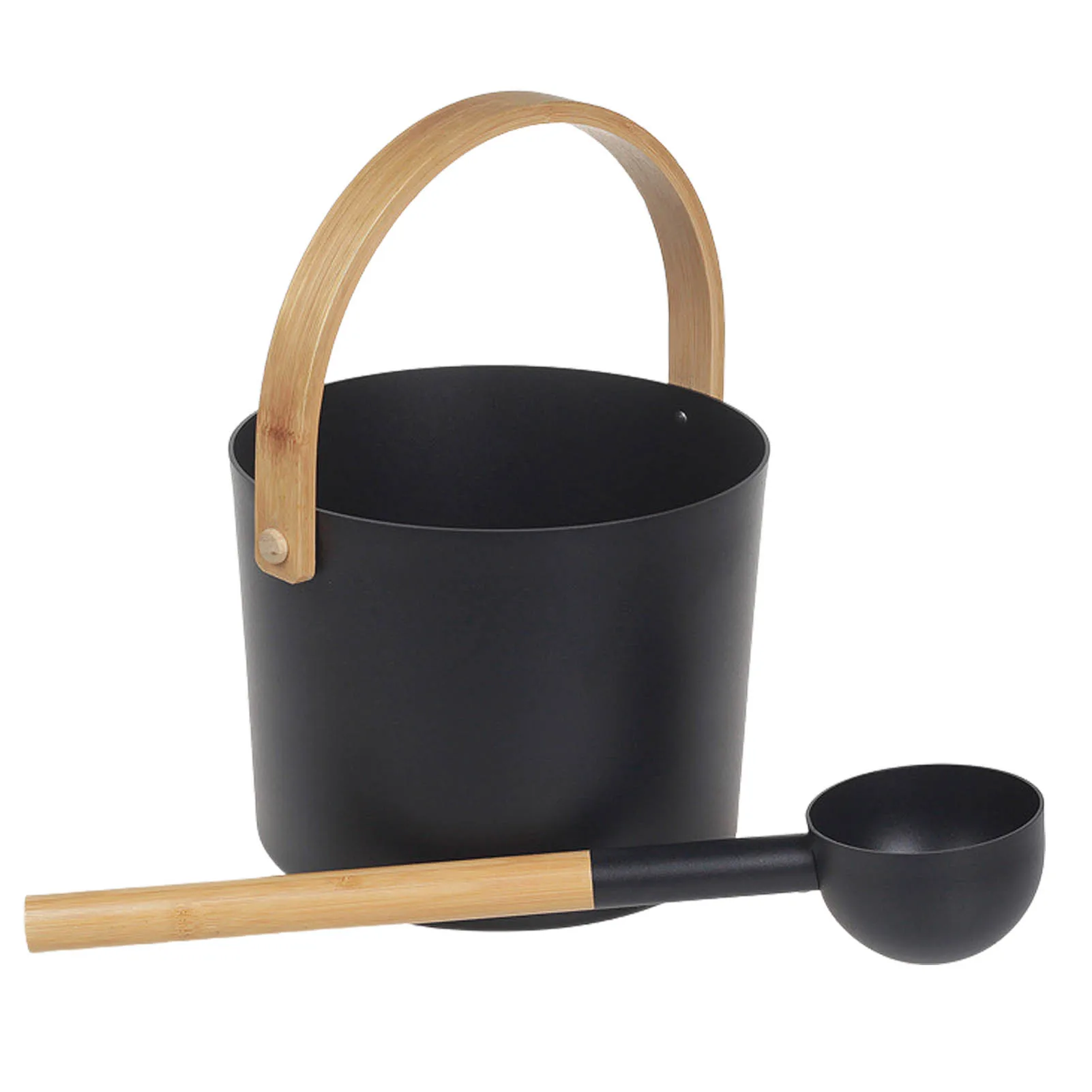 

7L Sauna Aluminum Bucket Large Capacity Sauna Barrel With Spoon Set Long Wood Handle Sauna Supplies For Steam Room Bathroom