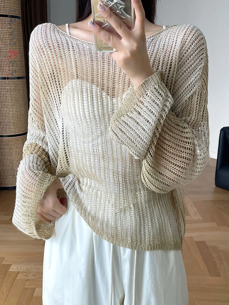 

LANMREM Women Fashion Knitting Sweater Translucent Color Block Round Neck Loose Tops Casual Versatile 2023 Autumn New 2AA1262