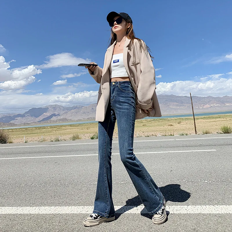 

Flared Jeans Women's Long Section 2022 Jeans Y2K Dark Blue High Waist Streetwear 90S Baggy Jeans Women Pants Flared Leg