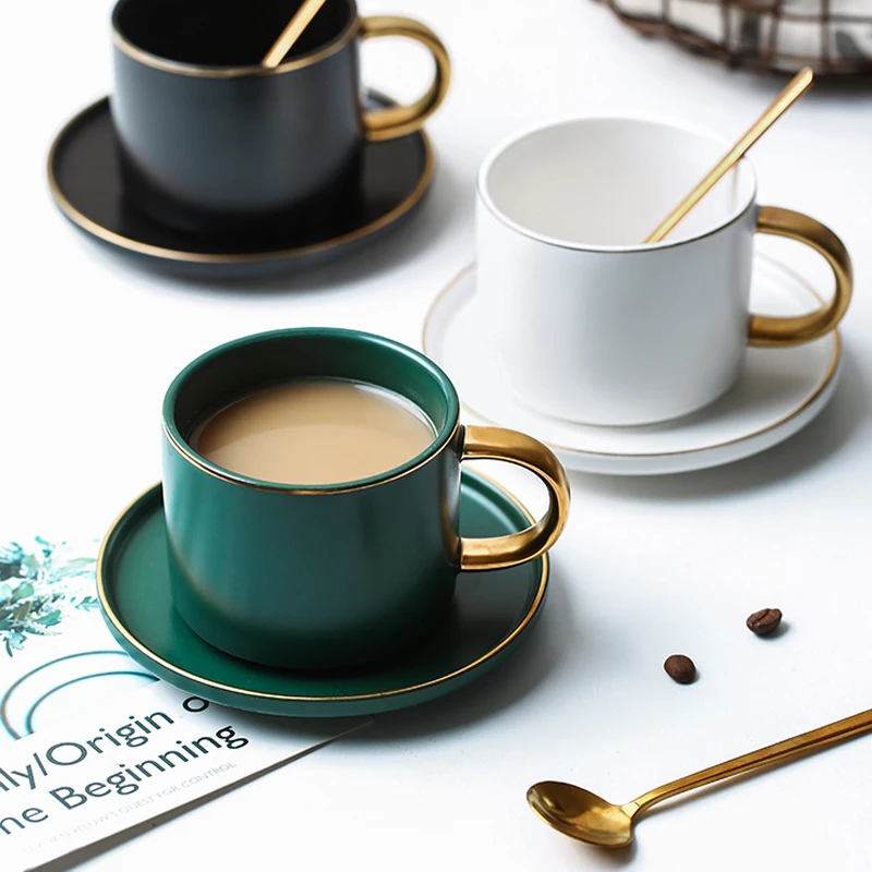 

Green Ceramics Coffee latte mug Drinkware Soy Milk Breakfast cup fine bone china cute tumbler tea cups and saucer Spoon set