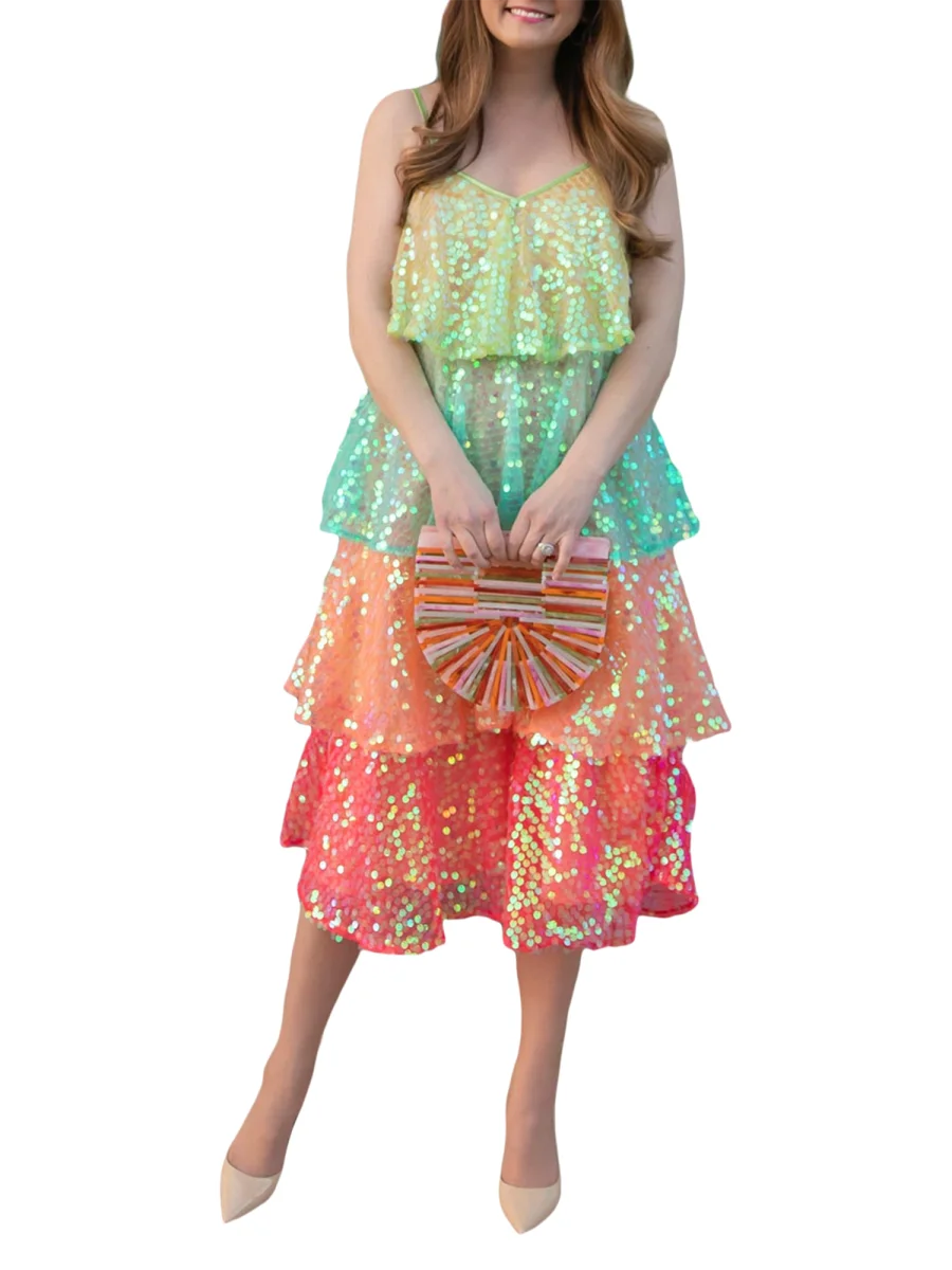 

FeMereina Women s Shiny Sequins Midi Dress Glitter Spaghetti Strap V Neck Layered Ruffle Dress Colorful Tiered Loose Party