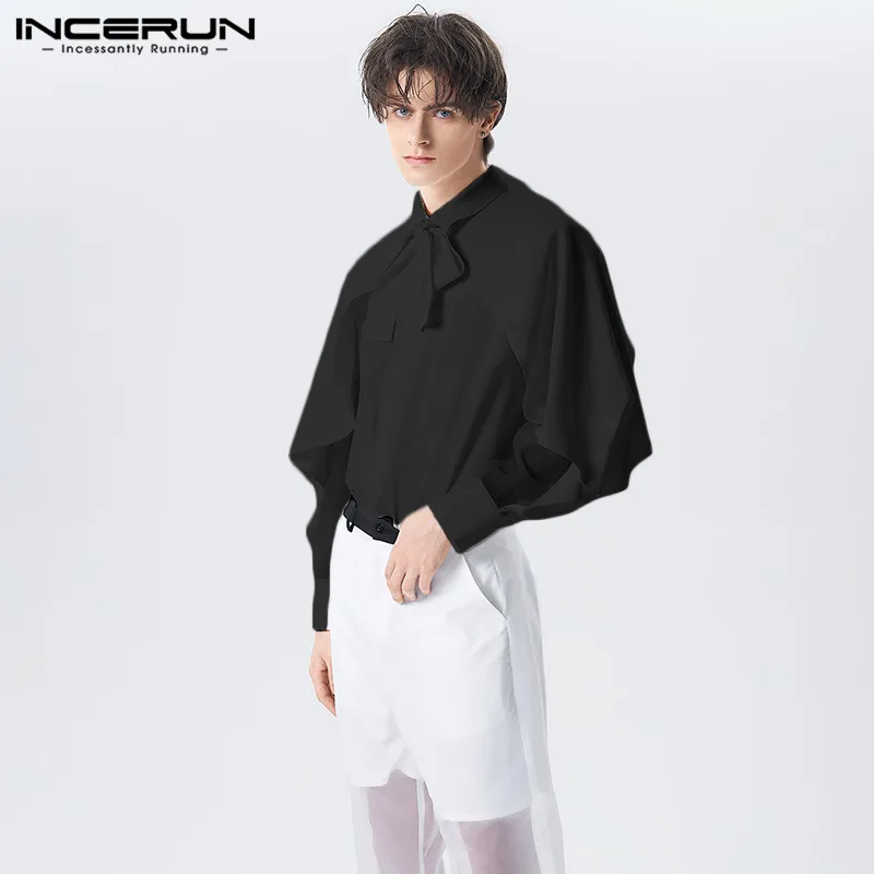 

Handsome All-match Tops INCERUN Men's Patchwork Design Sleeve Body Ribbon Shirts Male Solid Color Loose Comfortable Blouse S-5XL