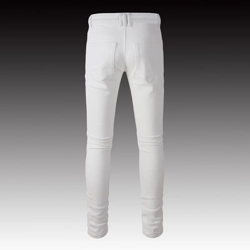 High Street Fashion Men Jeans Stretch Slim Fit Spliced Designer Biker Jeans Homme Brand Hip Hop Pants Men Patched White Trousers
