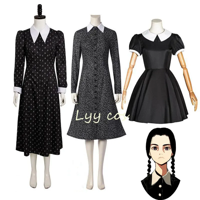 

3 Styles Wednesday Dress Anime Cosplay Women Black Gothic One Piece Dresses Wednesday Addams Cosplay Outfits